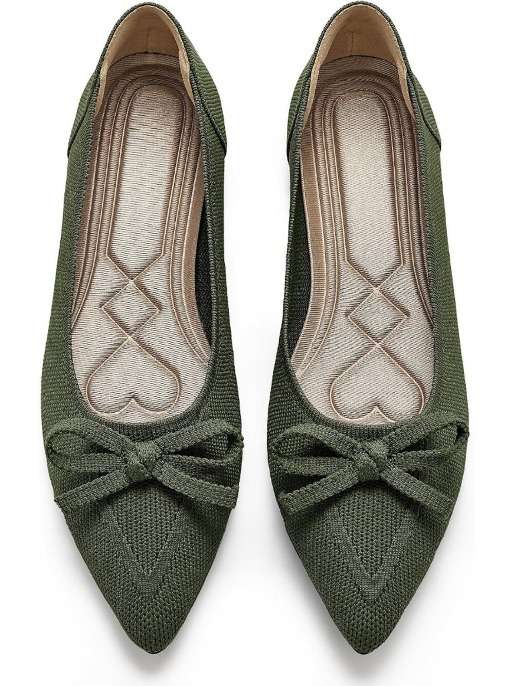 Women's Green Pointed Toe Bow Knit Ballet Flats Comfortable Slip On Dressy Shoes